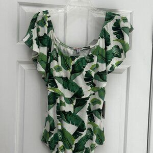 NWT Orange Kiss Tropical Leaf Print Green/White Ruffle Bodysuit Womens Size XL